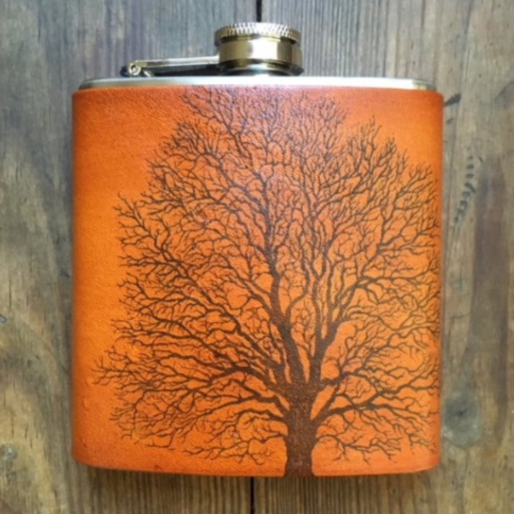 NEW Winter Tree Ink Stamped Leather Handmade Flask